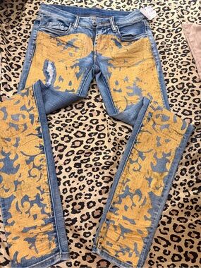 Blank NYC Medium Wash Skinny Jeans with Gold Patterned Side Inset